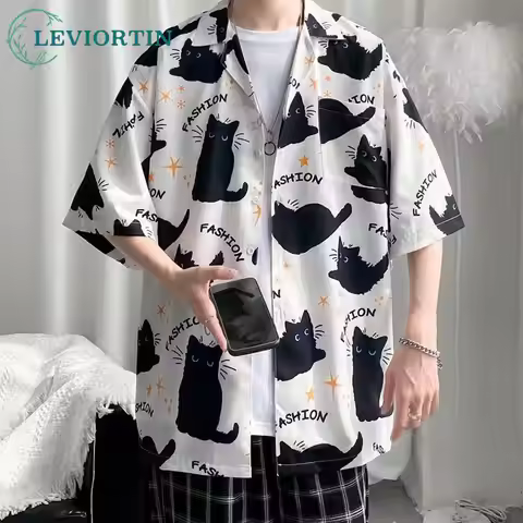 Summer Hawaiian Shirts For Men Hip Hop Mens Japanese Geisha Funny Printed White Pink Shirts Men Kore