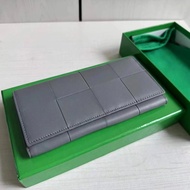 Bv Braided Cowhide Large Grid Diamond Half Fold Long Wallet Men Women Wallet Genuine Leather Long Wa