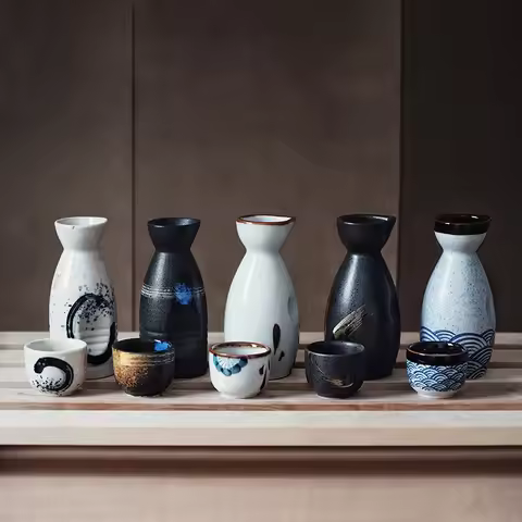 Vintage Ceramic Decanter and Cups Set Japanese Style for Sake Umeshu Home Bar Restaurant Use Liquor 