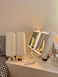 1入組三摺LED化妝鏡，帶支架的折疊化妝鏡和3種燈光顔色，帶觸控屏幕調光的照明鏡，適用于化妝，女性禮物（白色/粉色）