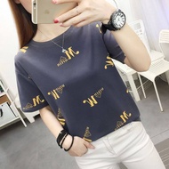 2024 New Top Korean Loose Print Round Neck Fashion T-shirt Women Summer Thin Short Sleeve