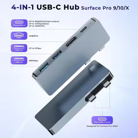 USB‑C Hub Surface Thunderbolt 4 4K HDMI Video 8K 30Hz 40Gbps Data Transfer 100W PD Charging for Surf
