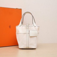HERMES Picotin菜籃子18CargoI2奶油白Swift皮/帆布U刻銀扣肩背包