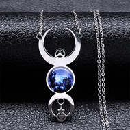 FAST SHIP European and American Triple Moon Planet Glass Necklace Stainless Steel Moon Phase Mysteri
