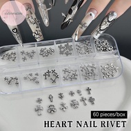 ADAWA 60Pcs/12 Grids Mixed 3D Punk Silver Heart Cross Metal Manicure Nail Decoration Retro Different