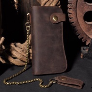 Men's Vintage Crazy Horse Leather Chain Wallet Genuine Leather Bifold Long Purse Snap Card Holder Wallet Zipper c0in Rfid Pocket