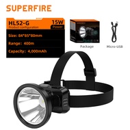 SUPERFIRE HL52-G 15W ไฟหน้าวงกลมขนาดใหญ่ไฟหน้าแบบชาร์จไฟได้ดีมาก 4000mAh ทำงานตกปลา/ล่าสัตว์/ตั้งแคม