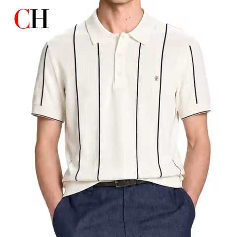 CH Men's Striped Knit Polo Shirt Short Sleeve Button Down Casual Retro Tennis Style Tops For Daily W
