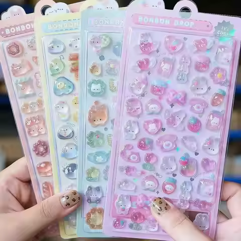 Cute Cartoon Cat Rabbit Animal Stickers 3D Transparent Jelly Sticker Crystal Decorative Sticker Phon