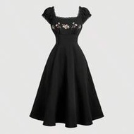 Embroidered Shell Sleeve Black Mid-Length Dress, Summer Dress For Women, Elegant, Vacation, Casual, 