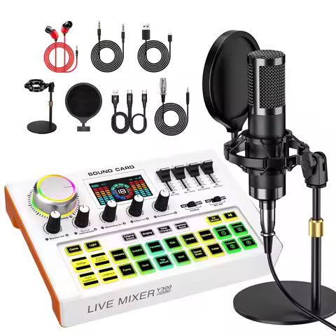 Tenlamp Y300-P15B Podcast Microphone Bundle with Live Sound Card Audio Mixer, 3.5mm Condenser Mic fo