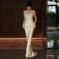 เรียบหรู เรียบง่าย ผ้าซาติน เจ้าสาวหางปลา ชุดราตรี สําหรับรับจัดงานแต่งงาน พรางหุ่น Fit On Bride To 