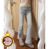 淺色加絨加厚微喇叭牛仔褲女2025冬季新款高腰顯瘦遮胯彈力馬蹄褲-加絨淺色 S