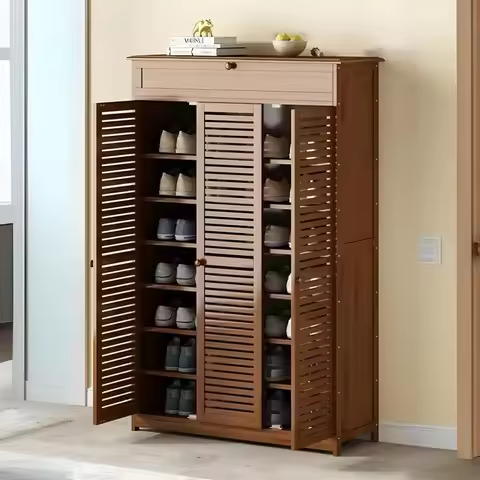 Rustic Lodge-Style Bamboo Shoe Storage Cabinet Large Capacity Shoe Rack with Doors and Shelves Shoe 