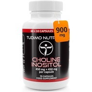 Choline + Inositol Supplement 900mg, 70 Easy-Swallow Non-GMO Capsules | 450mg Choline Bitartrate, 45