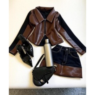 Retro Y2K Leather Jacket & Skirt Set - Brown Zipper Jacket & Black Skirt | Women's Fashion Party Out