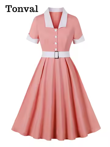 Tonval 2024 Vintage Style Pink Dress with White Collar 95% Cotton Button Up Retro Party 40s 50s Ladi
