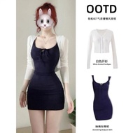Navy Blue Dress Sweet Hot Girl Beautiful Little Skirt Female Summer Hip-Wrap Sling Filigree Waist a-