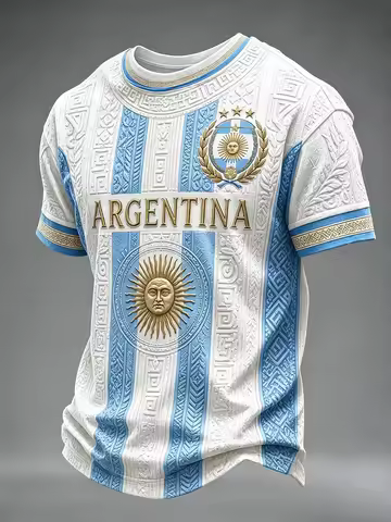 Unisex Argentina Soccer Jersey Striped Jacquard Sun Motif Gold Lettering Triple-Star Chest Crest 202