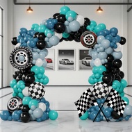 117pcs Checker Flag Foil Balloon Arch, Blue Black Racing Theme Garland