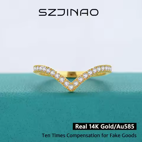 V Shape Moissanite Diamond Rings Au585 for Women Round Cut 100% 14K yellow Gold Gift Anniversary Wed