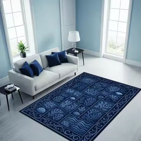 Bohemian Style Ocean Carpet Diamond Grid Blue Watercolor Carpet Ocean Series Rug Door Mat Ocean Enth