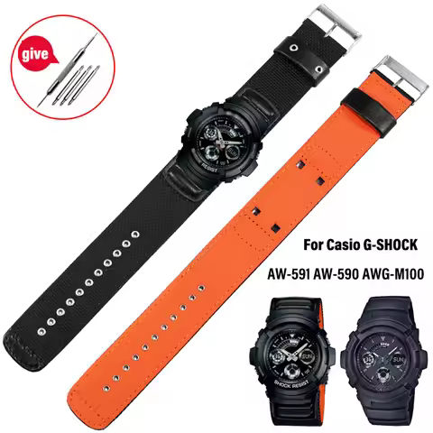 DW5600 Canvas nylon watch strap 16mm For Casio G-SHOCK AW-591 AW-590 AWG-M100/101 G-300 Orange botto