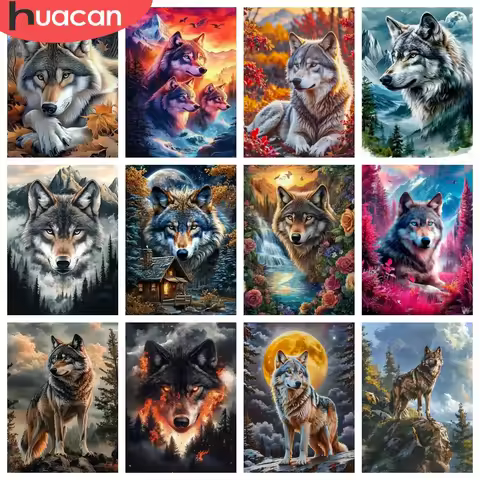 HUACAN Diamond Mosaic Wolf Animal Tree Diamond Painting Mountain Forest Arts And Crafts Home Bedroom