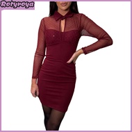 Women Dress Hollow Out Mesh Patchwork Slim Fit Sheath Mini Dress Fake Two-piece Turn-down Collar Ela