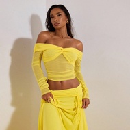 1pc Summer Beach Birthday Party Women's Solid Color Knit Mesh Fitted Off-Shoulder Long Sleeve Crop T