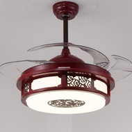 新中式吊扇灯隐形复古风扇灯带电风扇吊灯红木风扇吊灯中式客厅灯