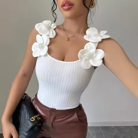 Summer Lady Zircon Flower Decor Slim Pit Knitted Tank Camis Tops Lady Ruffle Y2k Slim Vests MSJFZ-90