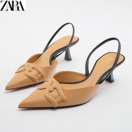 zara2023 Spring New Product Women's Shoes Beige Convex Open Heel Classy High Mules Stiletto Pointed Toe Sandals