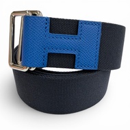 Excellent condition ▼HERMES Nomade Canvas Veau Epsom Leather H-motif Belt Navy Blue LB stamp Made in