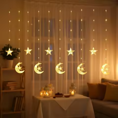 Ramadan LED Curtain Lights Moon Castle Star Shape String Lights Warm Luminous Display for Window Mid