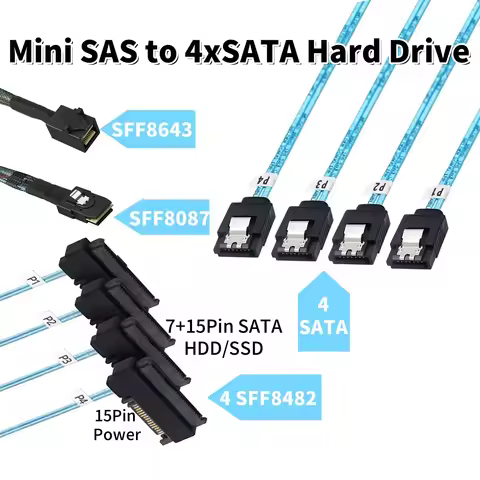 0.5M 1M Mini SAS HD SFF-8643 SFF-8087 to SFF-8482 29Pin with 15Pin Power Connector 4xSATA Cable for 