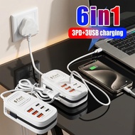 Portable 6-in-1 US/EU/UK Plug Fast Charging Station 3PD+3USB Multi-Port Charger Adapter Compatible w