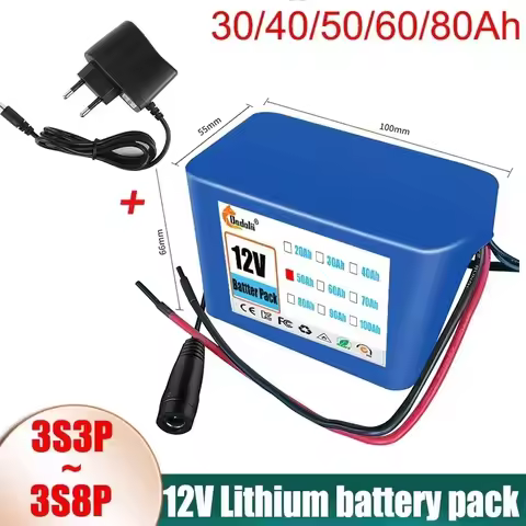 12V 50Ah 18650 Lithium Battery Pack 3S5P Rechargeable Battery with BMS 12.6v Charger for Fishing Bic