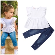 Kids Girl 100% Cotton Top T-shirt Denim Pearl Pants Outfits