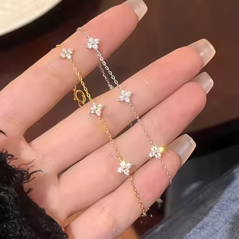 925 Silver Plated Cz Four-leaf Flower Bracelet for Women Girl Cute Dainty Adjustable Link Chain Brac