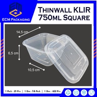 THINWALL KLIR 750 sq FOOD CONTAINER/ 500ML SQUARE PLASTIC LUNCH BOX (SQ) 25pc