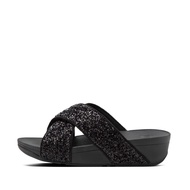 FitFlop LULU Womens Shimmerfoil Cross Slides - All Black - CJ3-090