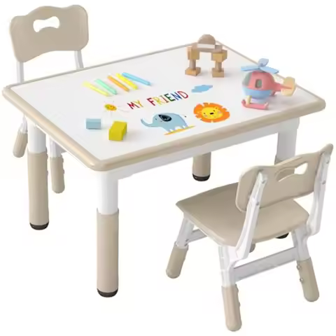 Table and 2 Chairs Set Height-Adjustable Toddler Table and Chair Set with Graffiti Desktop 31.5''L x