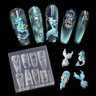 1pc 3D Seahorse Jellyfish Tail Nail Silicone Mold, Ocean Theme Style Relief Nail Art Transparent Mat