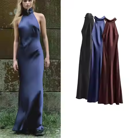 Spring New Sle Svel A-Line Gown Hanging Ne Silk Satin Feel Semi-High Collar Dr Evening Par Long Skir