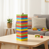 Large 54-piece wooden Jenga game with colorful number blocks, perfect for family night entertainment
