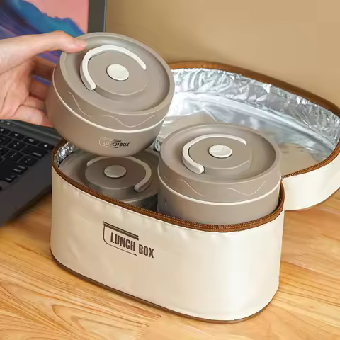 304 Stainless Steel Insulated Lunch Box with Storage Bag Portable Double-layer Covered Lunch Box Off
