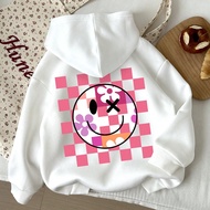 เสื้อฮู้ดลายตารางดอกไม้การ์ตูนน่ารัก ผู้หญิงวัยรุ่น แขนยาว สีขาว, เสื้อฮู้ด Essentials, เสื้อฮู้ดน่า