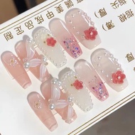[HANDMADE]Artificial Nail Long Version with Lace Band and Small Flowers Phototpy Nails Reusable and Removable Nails