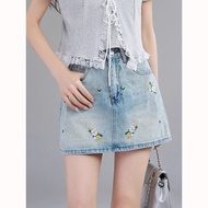 TERRE BLEUE Denim Skirt 2026 Spring Fashion High Waist Slimmer Look All-Match A-Line Embroidered Ski